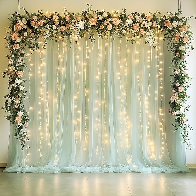 Tulle Backdrop Curtain with Lights String 10FT X 10FT Sage Green Sheer Tulle Backdrop Curtains for Wedding Birthday Party Reception Photo Booth Background Decorations (2 Panels 5x10FT)