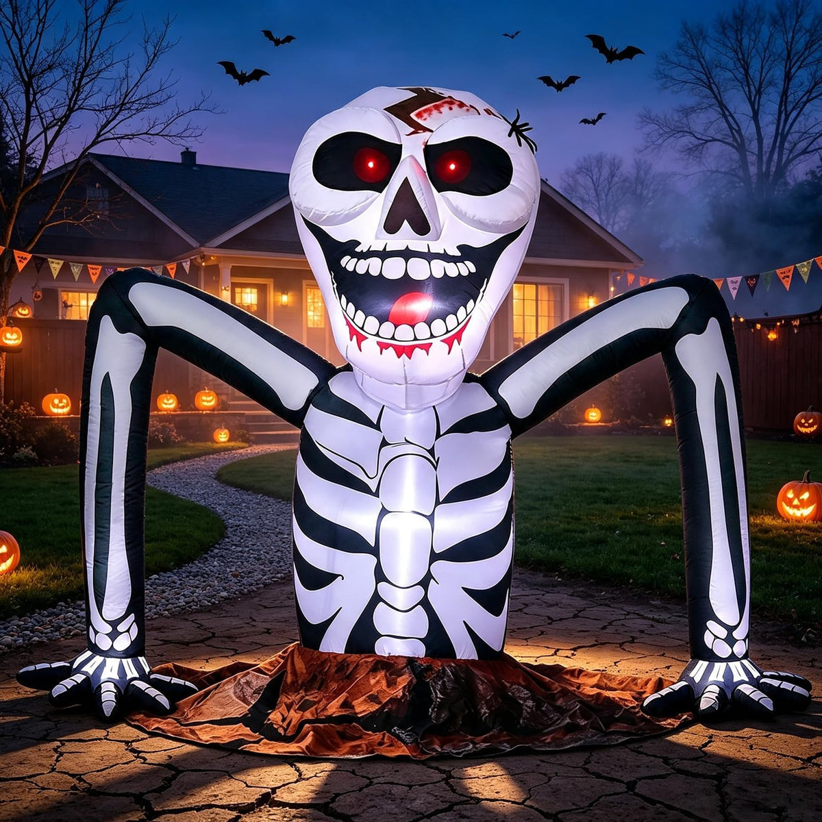 5 ft halloween inflatable skeleton rising from ground, close-up detail