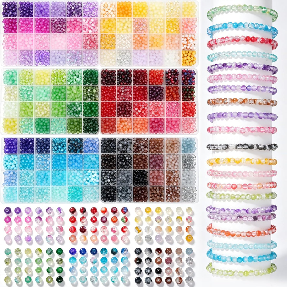 Gaspletu 7200PCS 6mm Glass Beads Bracelet Making Kit, 144 Colors Crystal Beads for Jewelry Making, 6 Box Round Beads Suitable for Beginners