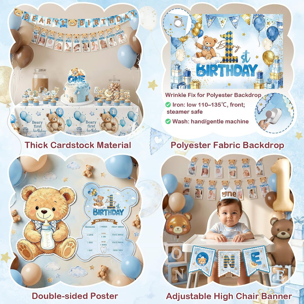 365 Pcs Beary First Birthday Decorations for Boy Blue Bear All-in-One Set