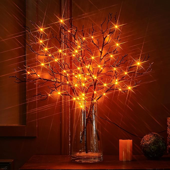 Birchlitland Halloween Branch Lights with Timer Battery Operated 75 LED Orange Fairy Lights, Lighted Black Willow Branches 21IN for Home Decor