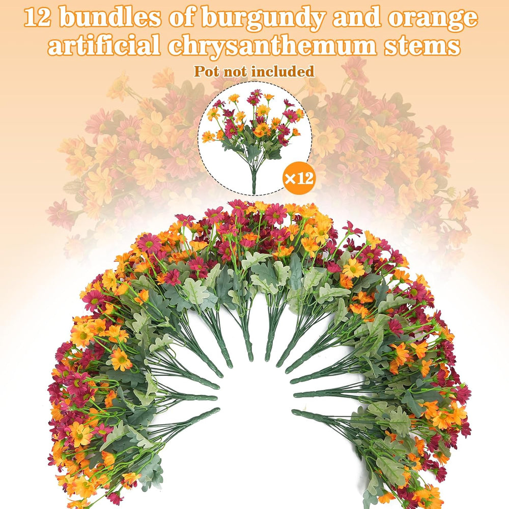 12 Bundles Fall Flowers Artificial, UV Resistant Faux Mums for Outdoors
