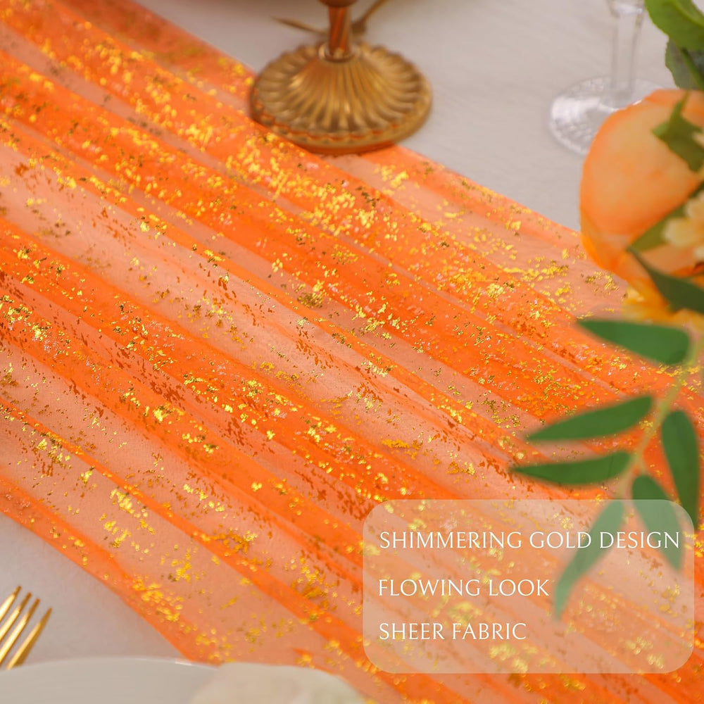 10Pcs Orange Gold Table Runner Metallic Foil Shimmer Sheer Gauze Decor 10ft