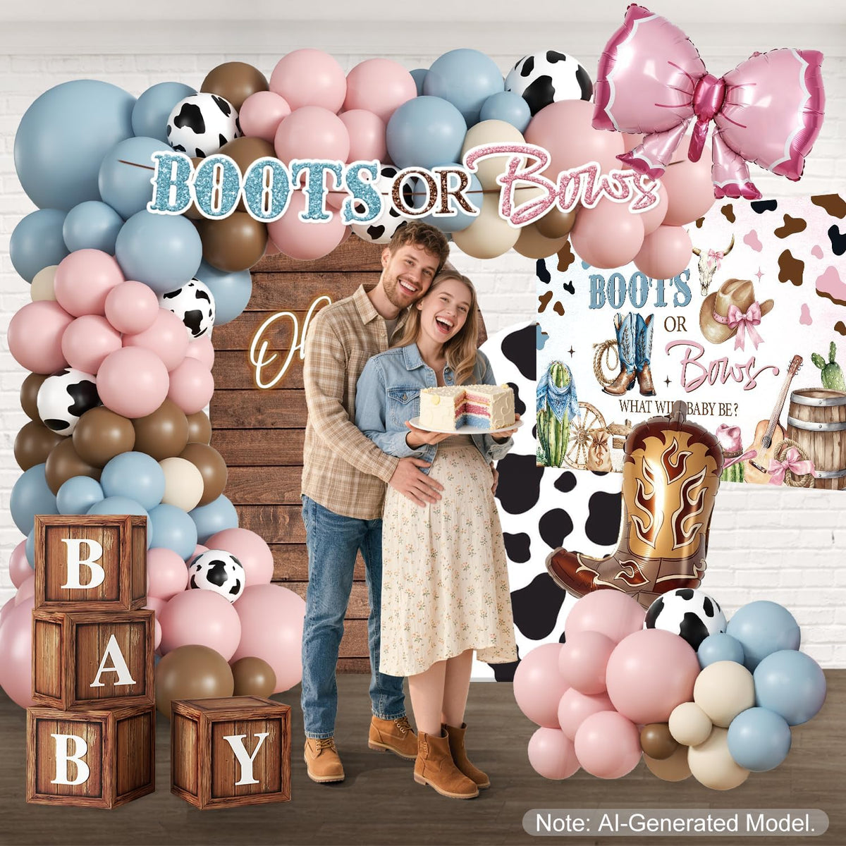 297Pcs Boots or Bows Gender Reveal Decorations Set for 25 Guests