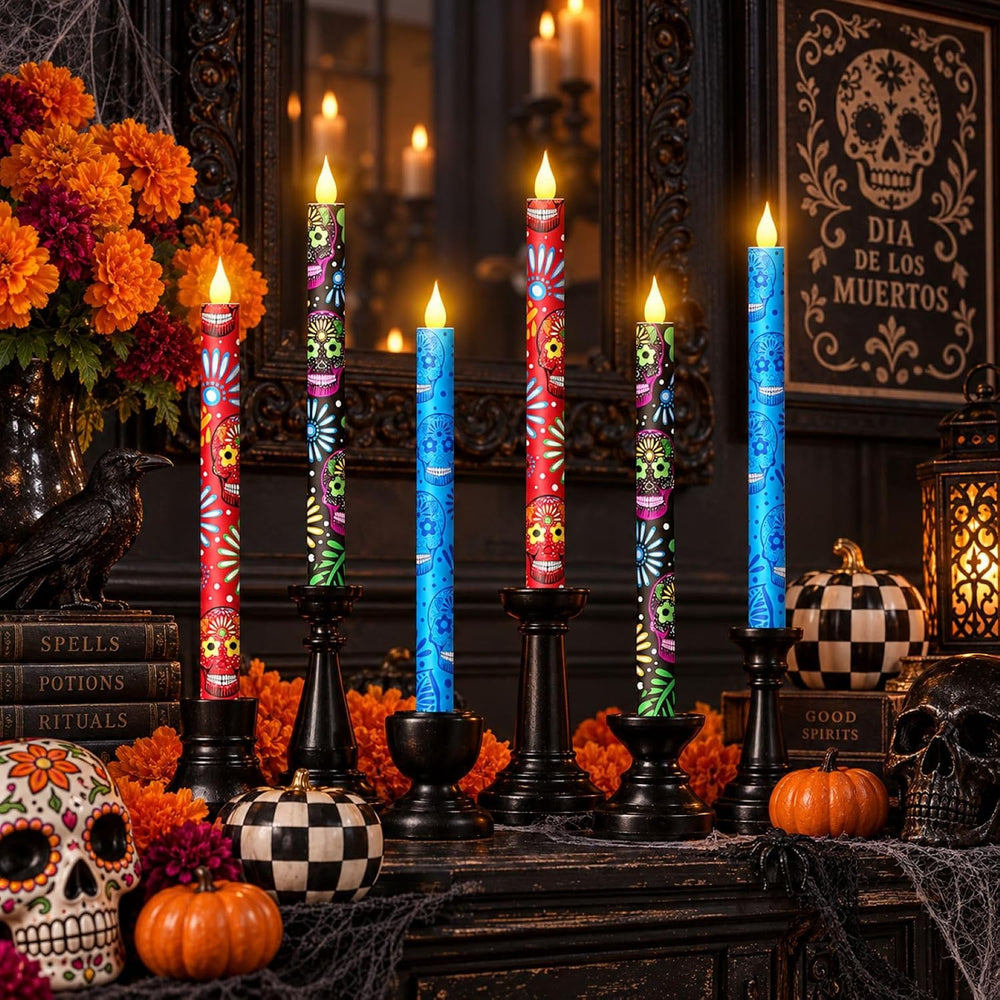 Honoson 6 Pcs Dia De Los Muertos Flameless Taper Candles, Battery Operated