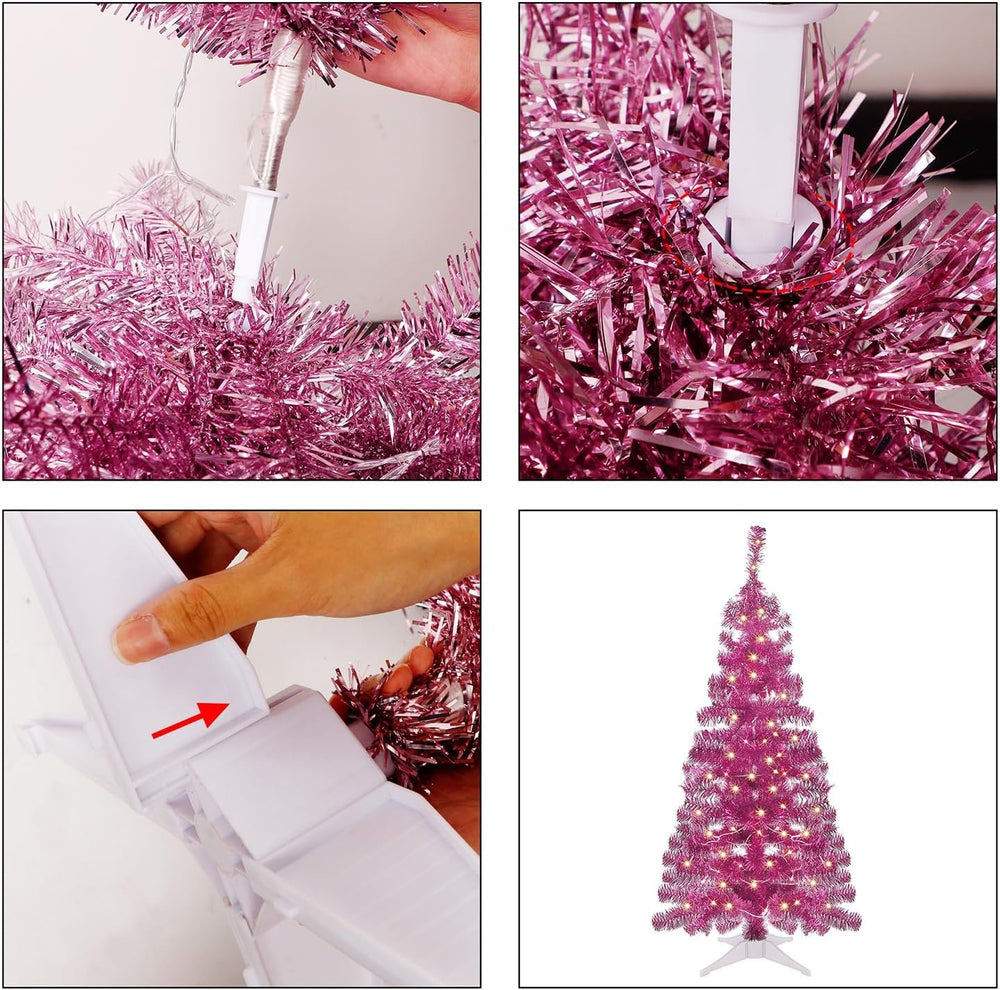 Juegoal Pink Artificial Tree, 4 FT Pre-lit Christmas Tree, Lighted Tinsel Pen...