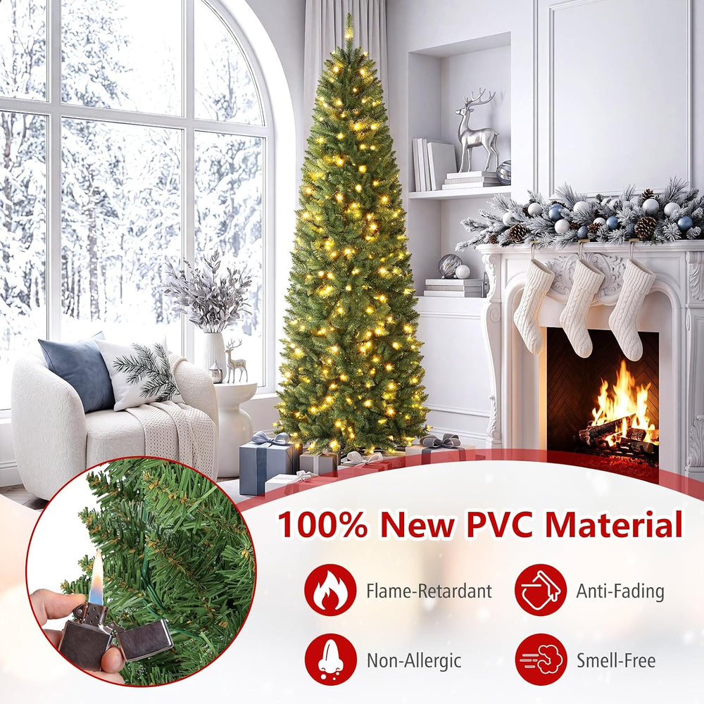 Goplus 7ft Pre-Lit Pencil Christmas Tree with 350 Warm White LED Lights