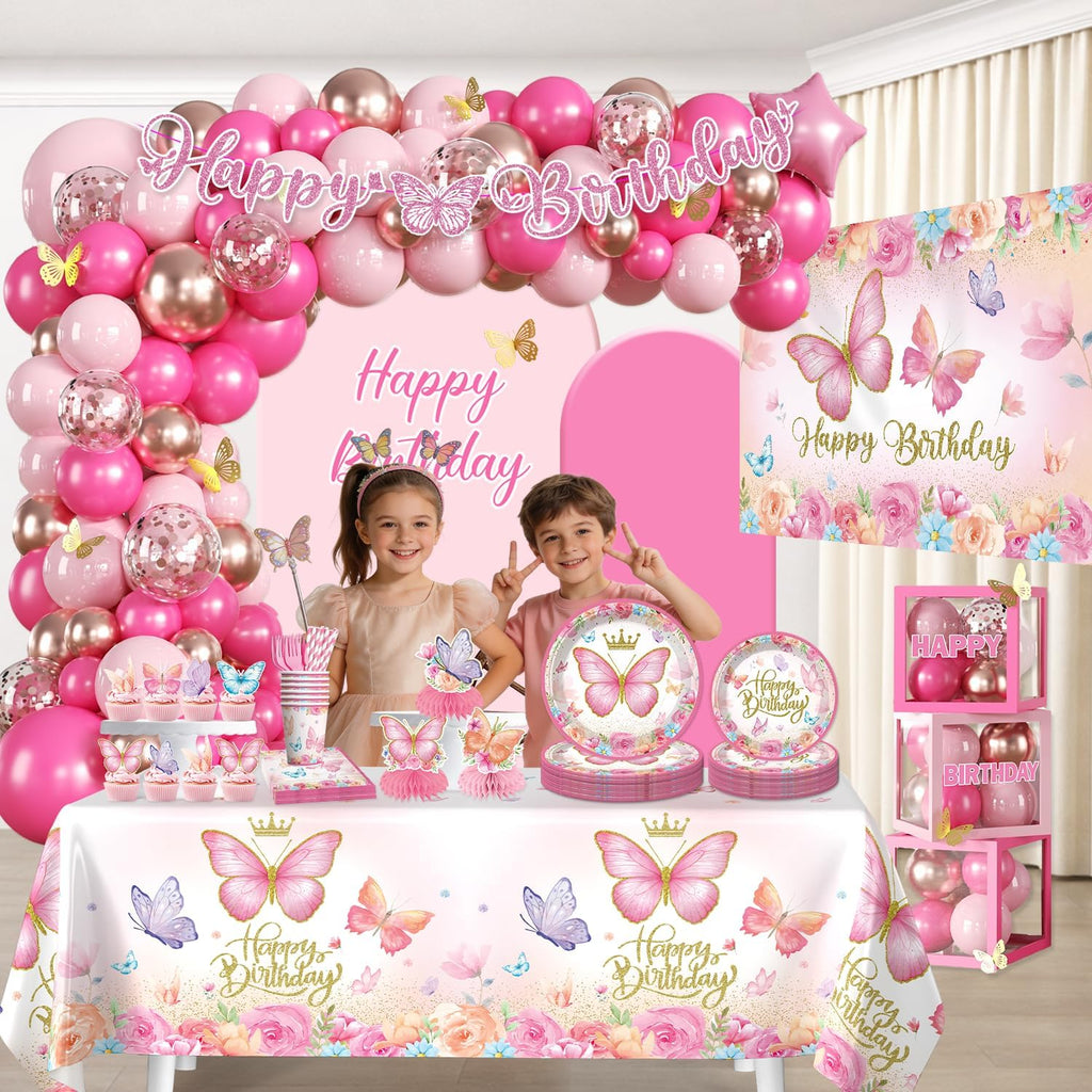 Pink Butterfly Birthday Decorations, All-in-One Set for 25 Guests