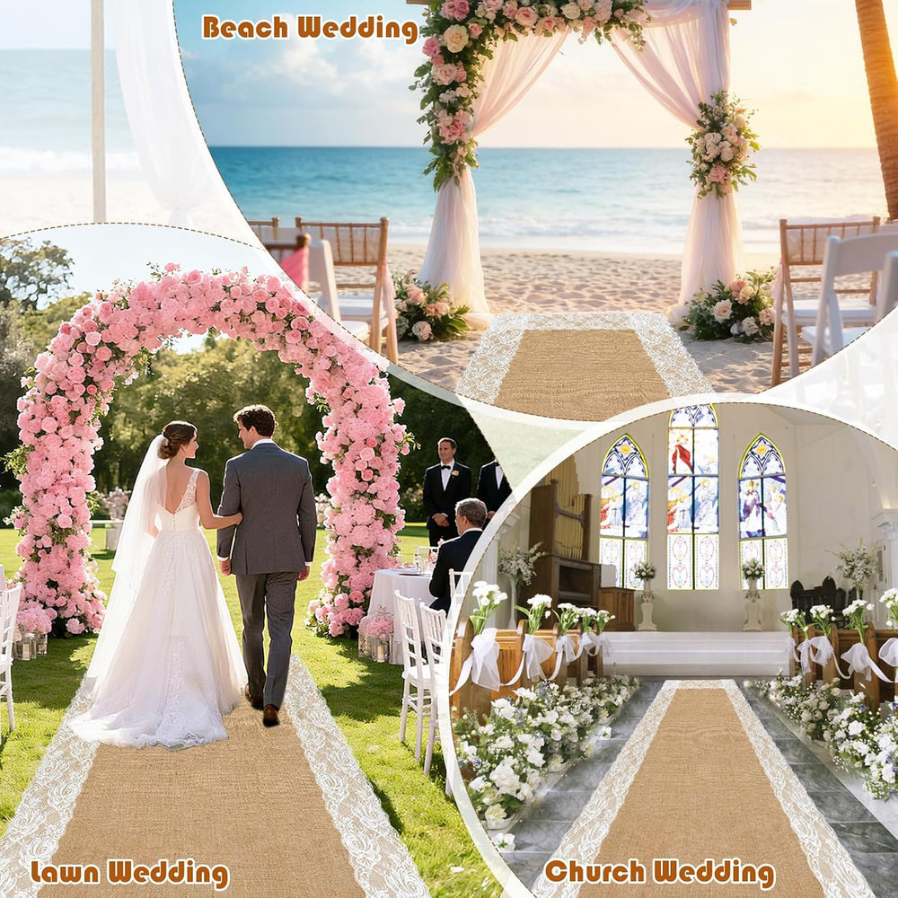 20 Ft x 40 Inch Natural Burlap Wedding Aisle Runner with Lace
