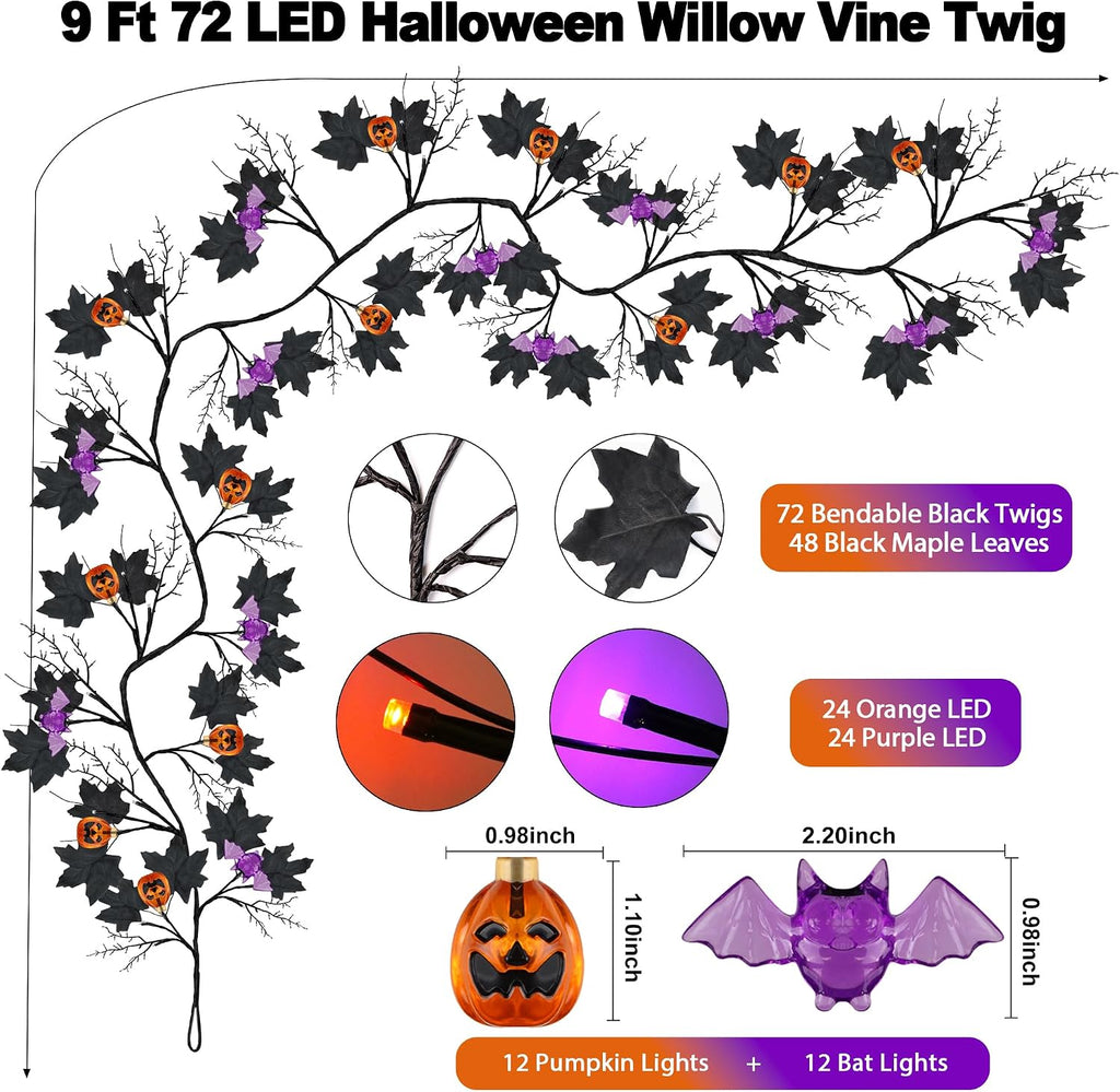 9FT 72 LED Halloween Willow Vine Twig Decor Black Halloween Garland with Pumpkin Bat Orange & Purple Light, 8 Modes Waterproof Battery Operated Halloween Lights Indoor Halloween Decorations Wall Table