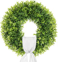 22 Inch Artificial Boxwood Wreaths for Front Door with Sash Outdoor Summer Wreath for Front Door, Spring Green Wreath UV Resistant Waterproof for Wall Window Porch Farmhouse Wedding Year Round