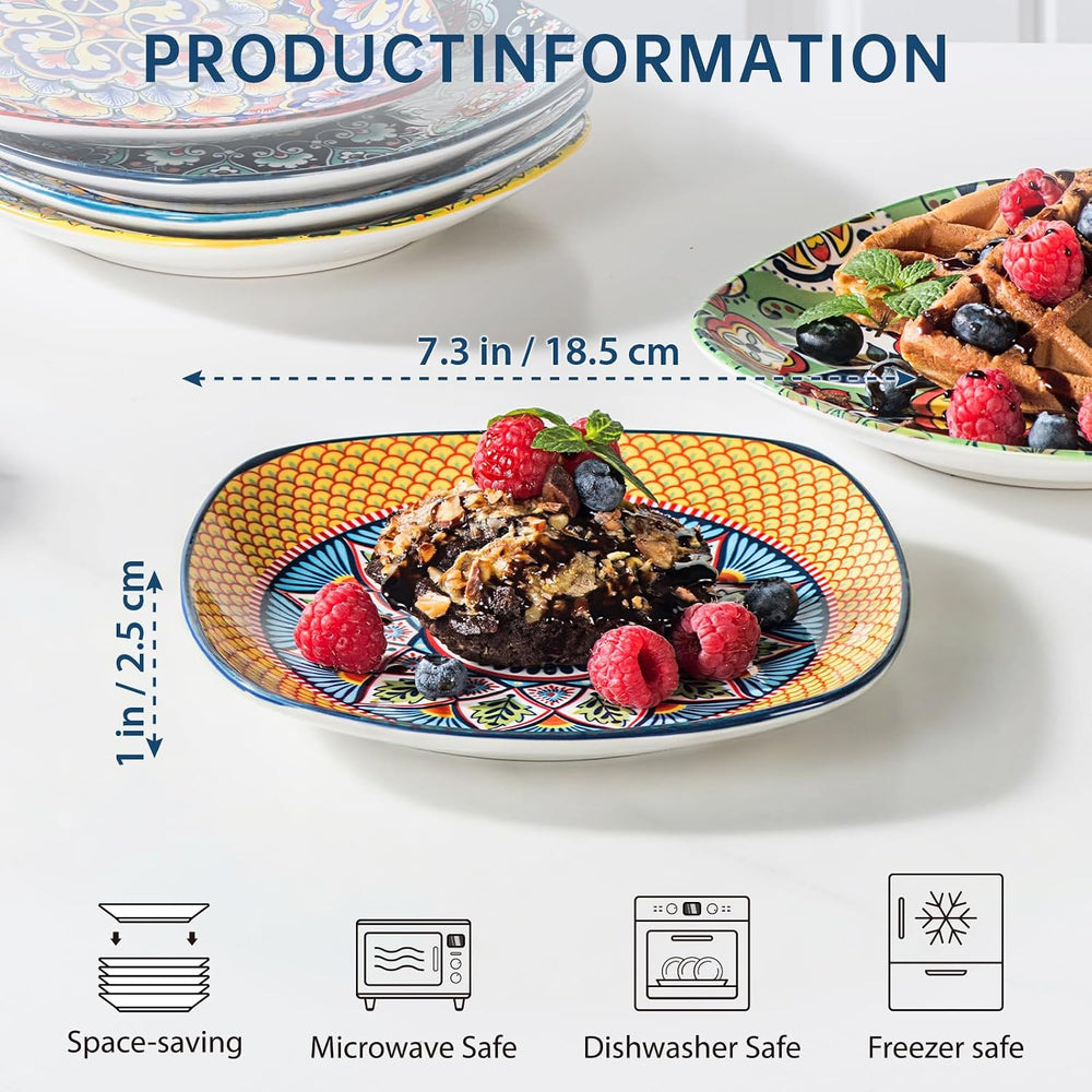 Boho Ceramic Dessert Plates Set of 6, 7.3 Inch Square Appetizer Plates