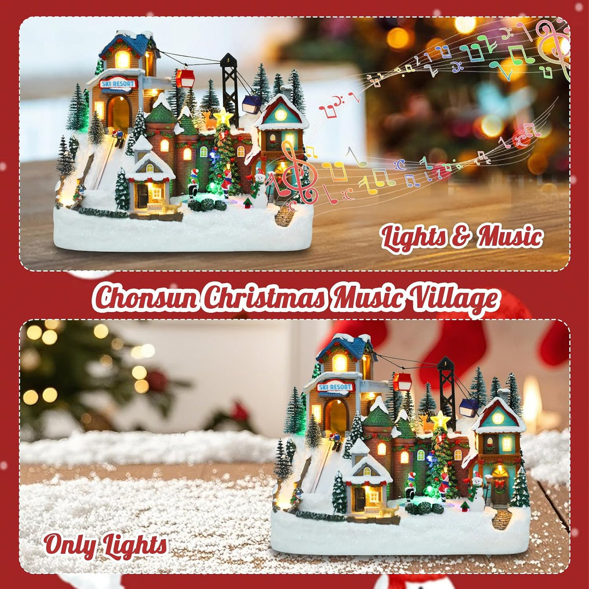 Christmas Village House 10.2 Inch Christmas Decorations Skiing Skating Cable Car Village People USB Holiday Music Town Indoor Lighted Houses for Room Tabletop Xmas Decor