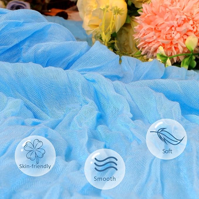 12 Pack Baby Blue Cheesecloth Table Runner 10ft Boho Gauze Fabric Cheese Cloth Table Runner 35 x 120 Inch Rustic Sheer for Romantic Wedding Decor Baby Shower Party Table Centerpiece Decoration