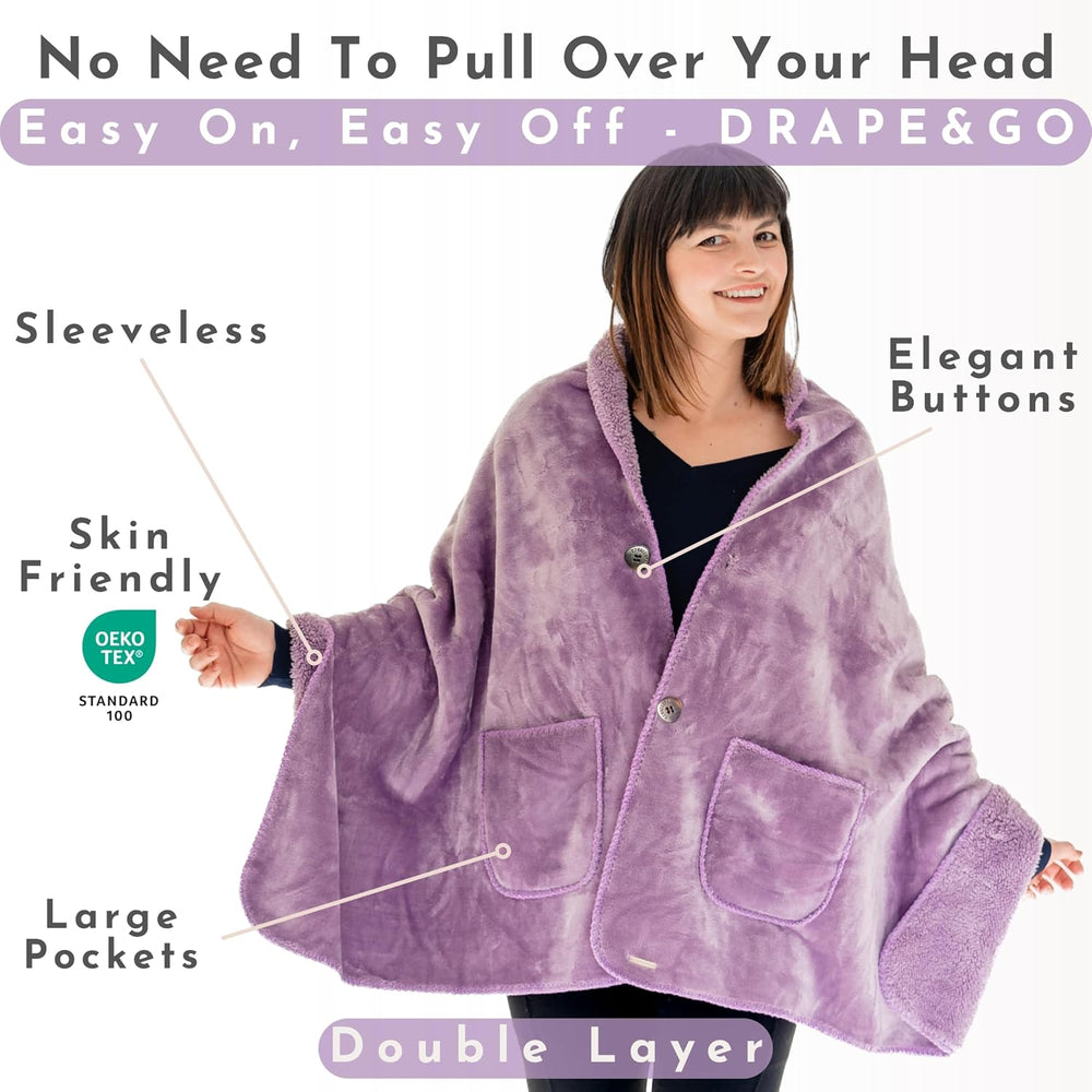 Original Premium Double Layer Poncho Blanket, No Sleeves, Sherpa (Purple)