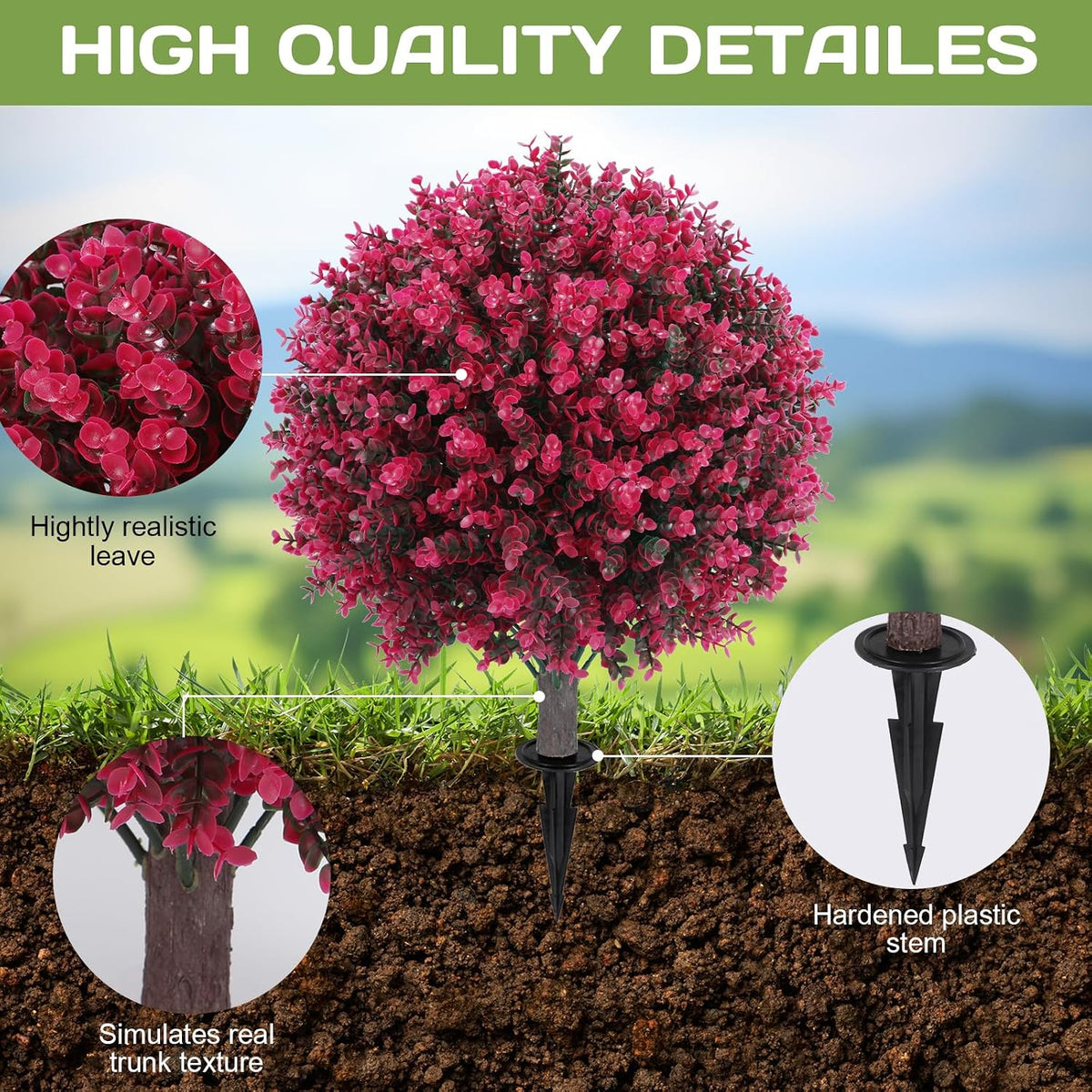 Set of 2 Artificial Red Eucalyptus Topiary Ball Tree,24" with Ground Spike