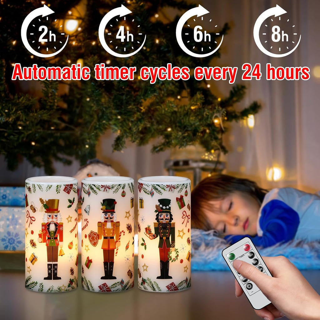 christmas nutcracker flameless pillar candles with remote timer, close-up detail
