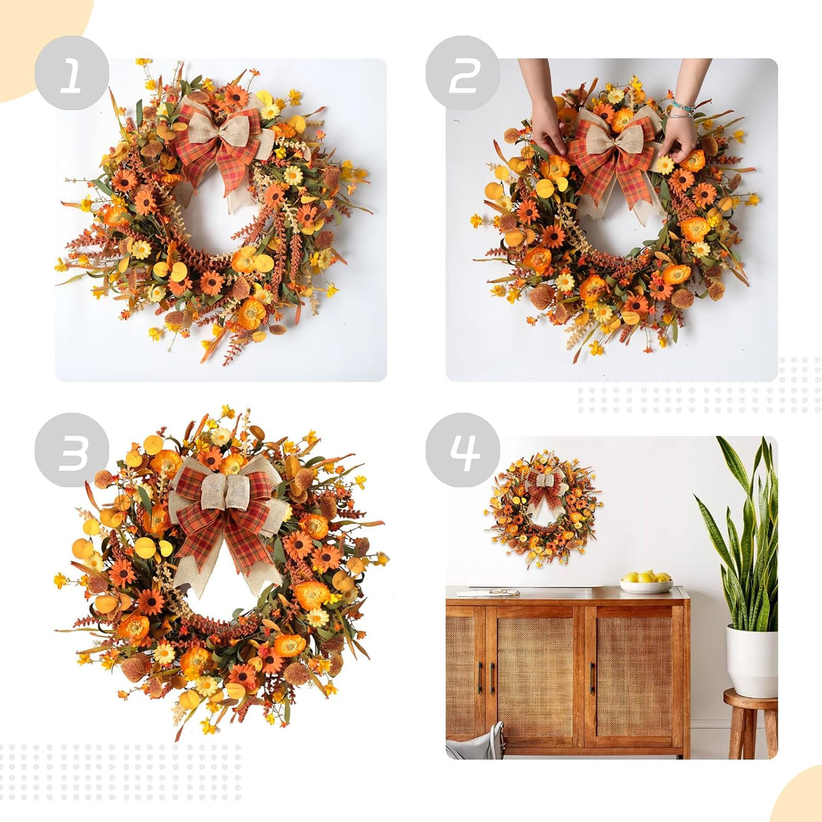 tempus 22inch artificial autumn daisy wreath fall leaves, side view