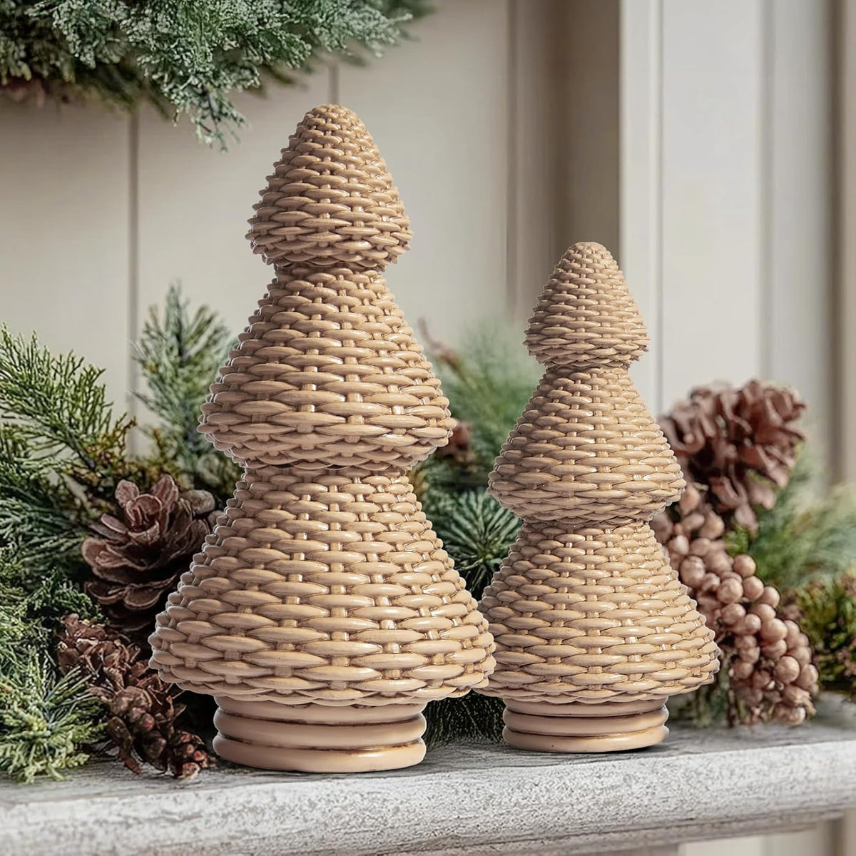 dn deconation brown christmas tree figurines, natural rattan, side view