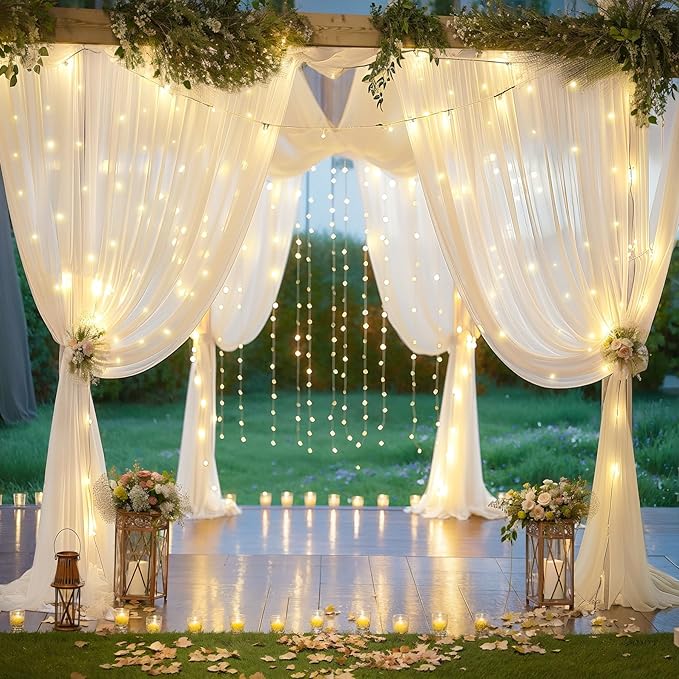 10ft x 10ft Ivory Chiffon Backdrop Curtain with Lights String for Parites Wedding Wrinkle Free Curtain Photo Backdrops Drapes for Baby Shower Birthday Party Home Decorations
