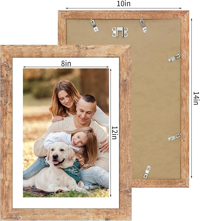 10x14 Picture Frame Set of 4 with Tempered Glass, Rustic Brown Frame Display 8x12 Pictures with Mat or 10 x 14 Without Mat, Wooden Photo Frames for Wall Mounting