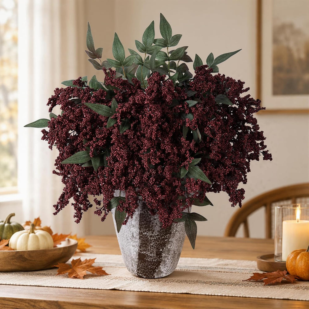 8Pcs 18.5" Artificial Flowers, Red Berry Stems Fake Nandina Branches Rea...