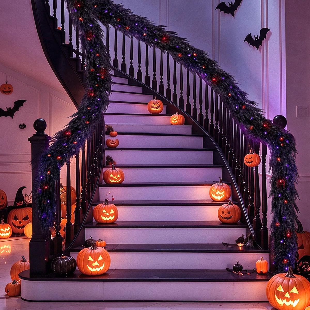 9FT Soft Touch Black Norfolk Pine Halloween Garland with Timer Lights