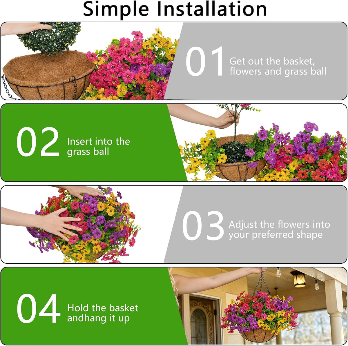 2 Set Artificial Hanging Flowers with Baskets for Outdoor Decor