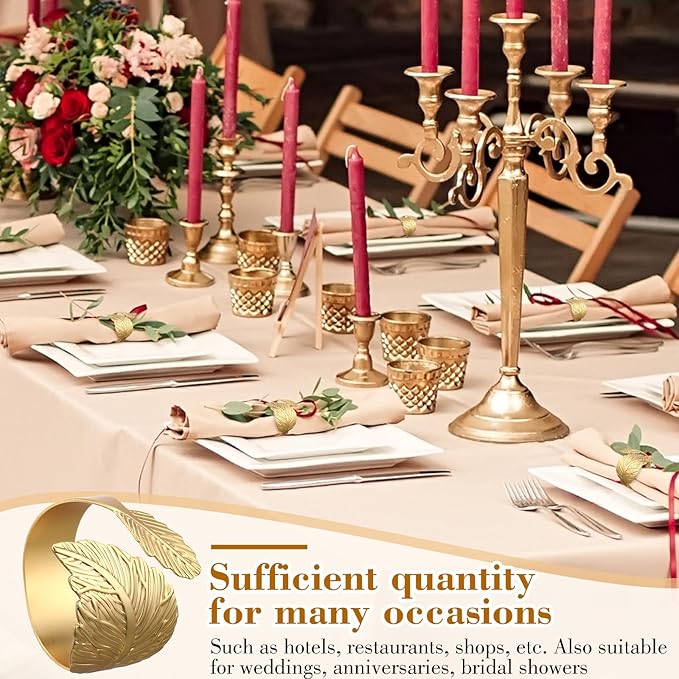 Bokon 50 Pcs Gold Napkin Rings Metal Leaf Napkin Holders Delicate Rings Bulk for Wedding Birthday Party Banquet Decoration(Willow Leaves)
