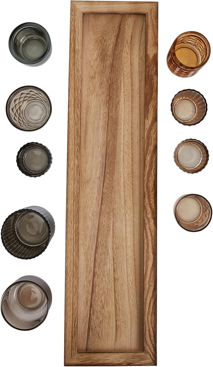 Wood Tray with 9 Brown Glass Votive Holders (Set of 10 Pieces)