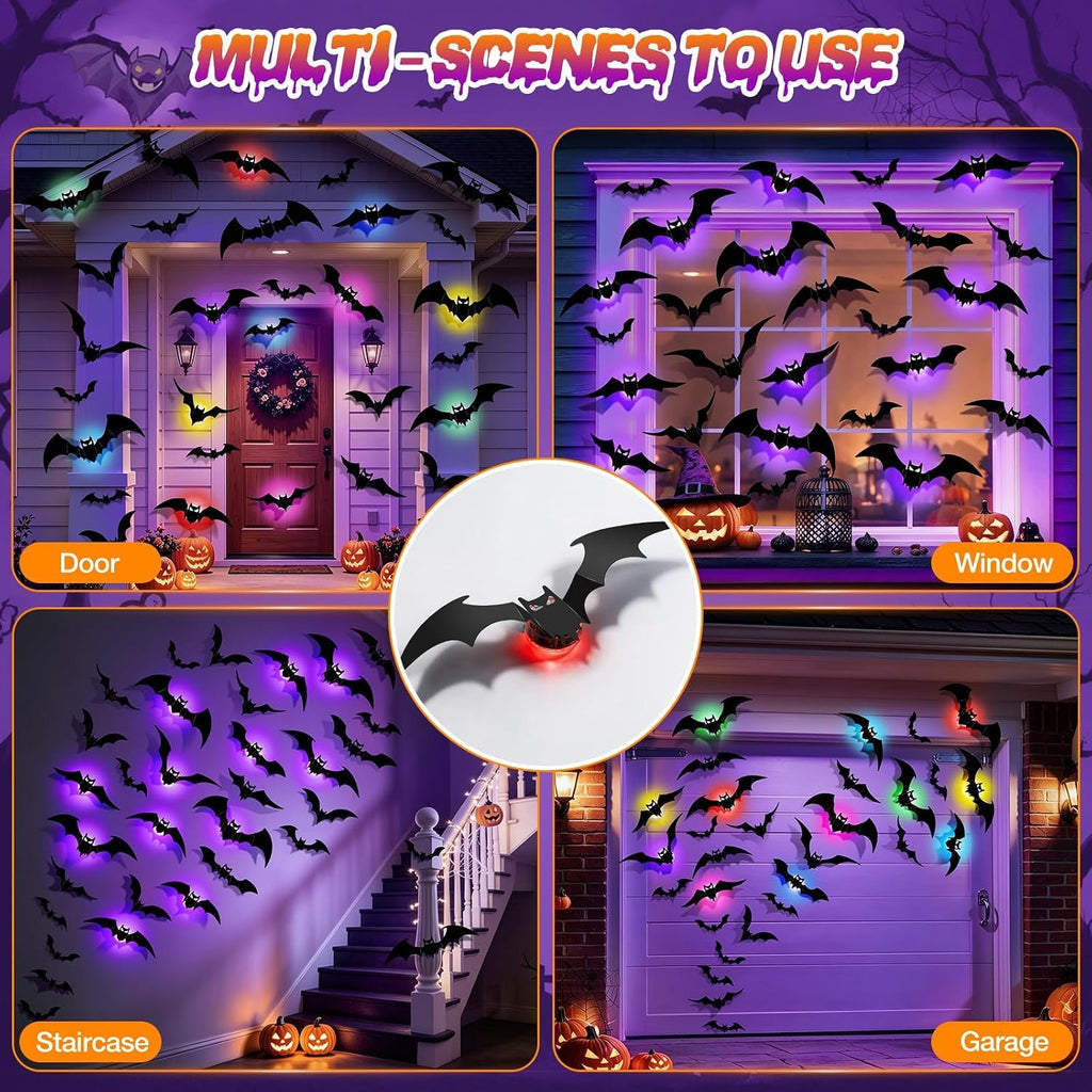LUDILO 48P Bats Halloween Decorations + 12P Rechargeable Lights with Remote