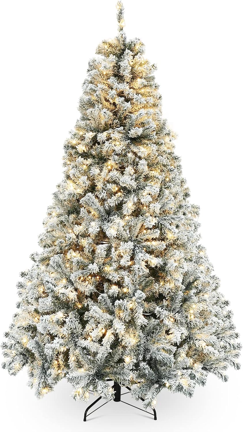 Okicoler 6.5ft Pre-Lit Snow Flocked Artificial Christmas Pine Tree with ELD Lights and Metal Base Stand for Home, Office, Party,Xmas Decoration,White (6.5ft)