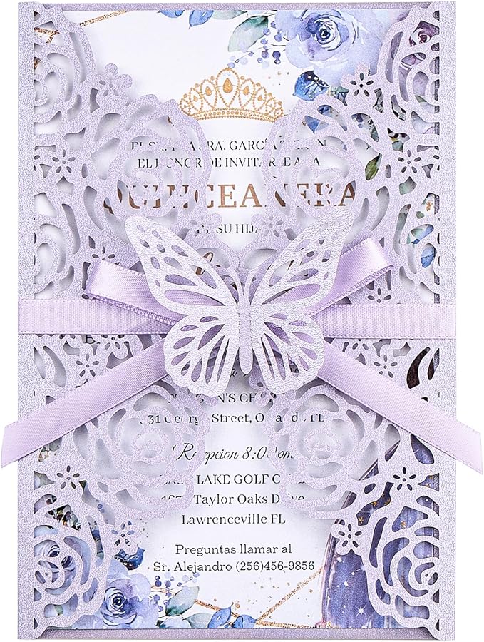 Purple Butterfly Laser Cut Wedding Invitations 50 Set, Hollow Out Rose Shaped Wedding Invites for Bridal Shower Quince Invitaciones Para Boda (Blank Inner Sheet, No Pattern) (50pcs)