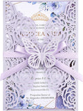 Purple Butterfly Laser Cut Wedding Invitations 50 Set, Hollow Out Rose Shaped Wedding Invites for Bridal Shower Quince Invitaciones Para Boda (Blank Inner Sheet, No Pattern) (50pcs)