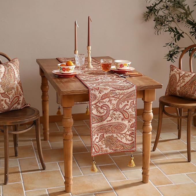 ISAENNE Designer Elegant Red Linen Table Runner 102 Inches Long,Vintage Paisley Pattern Durable Table Runners for Dining Tables,Thanksgiving,Kitchen Tables,Christmas,12"*102"-Chauffrey A