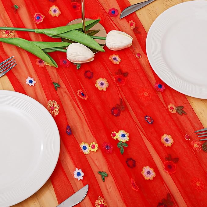 BINBE 12pcs Daisy Fall Table Runner Embroidery Gauze 10FT Florals Seasonal Tulle Holiday Birthday Kitchen Dining Table Decor for Home Party Red