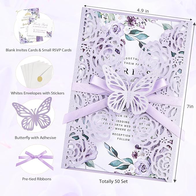 Purple Butterfly Laser Cut Wedding Invitations 50 Set, Hollow Out Rose Shaped Wedding Invites for Bridal Shower Quince Invitaciones Para Boda (Blank Inner Sheet, No Pattern) (50pcs)