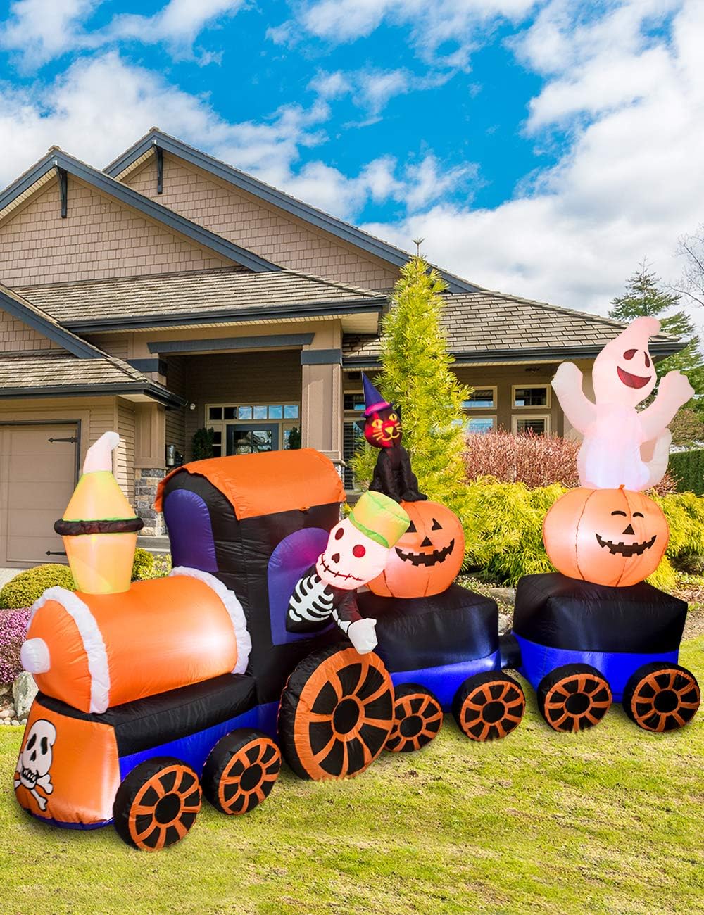 AJY 9 Feet Halloween Inflatable Train with Kittens White Ghosts/Pumpkin