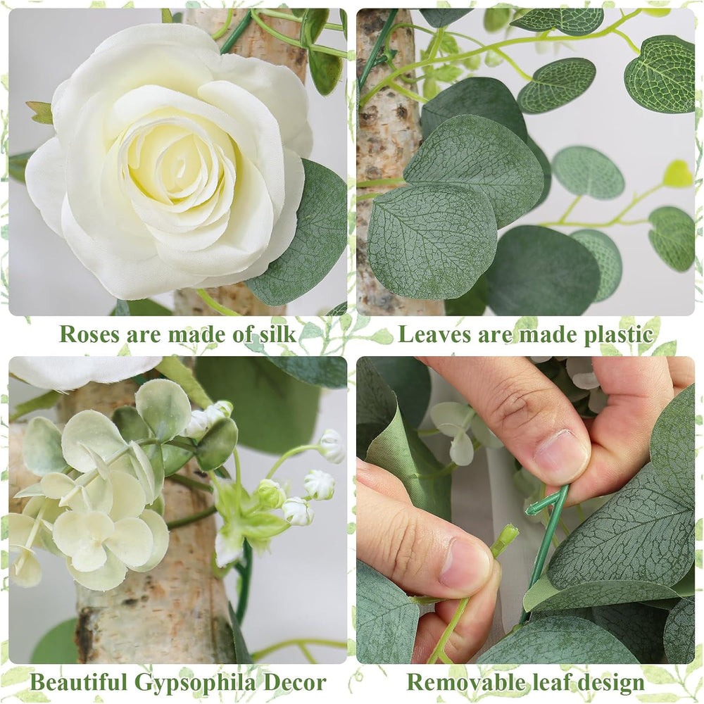 TOCHGREEN 4PCS Artificial Eucalyptus Flower Garland with White Rose Flowers