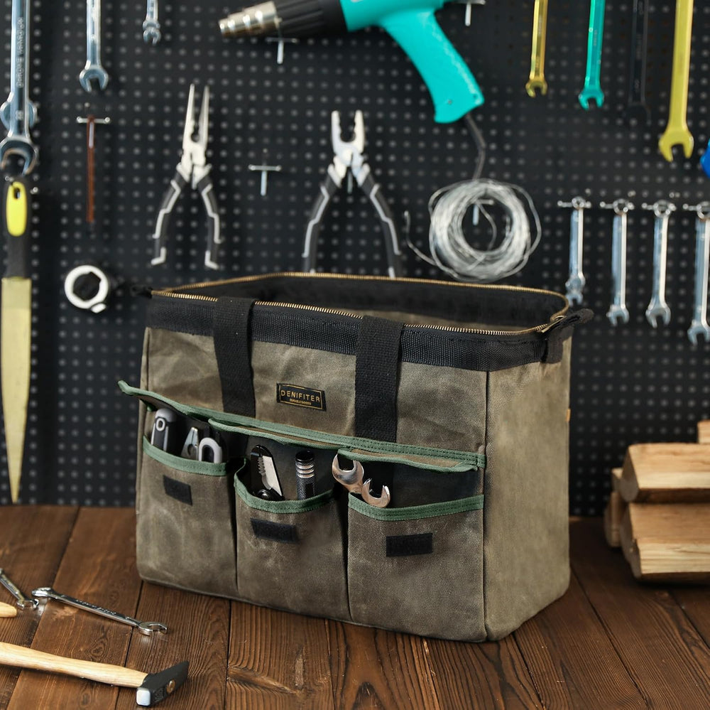 15 Inch Tool Bag, Heavy Duty Waxed Canvas Wide Mouth Water-Resistant Tool Pou...