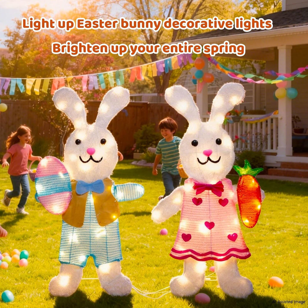 2 Pcs Outdoor Easter Decorations Lighted Bunny with 60 LEDs Warm White Lights, Easy Assembly 2D Easter Decor for Outdoor, Garden, Lawn, Patio