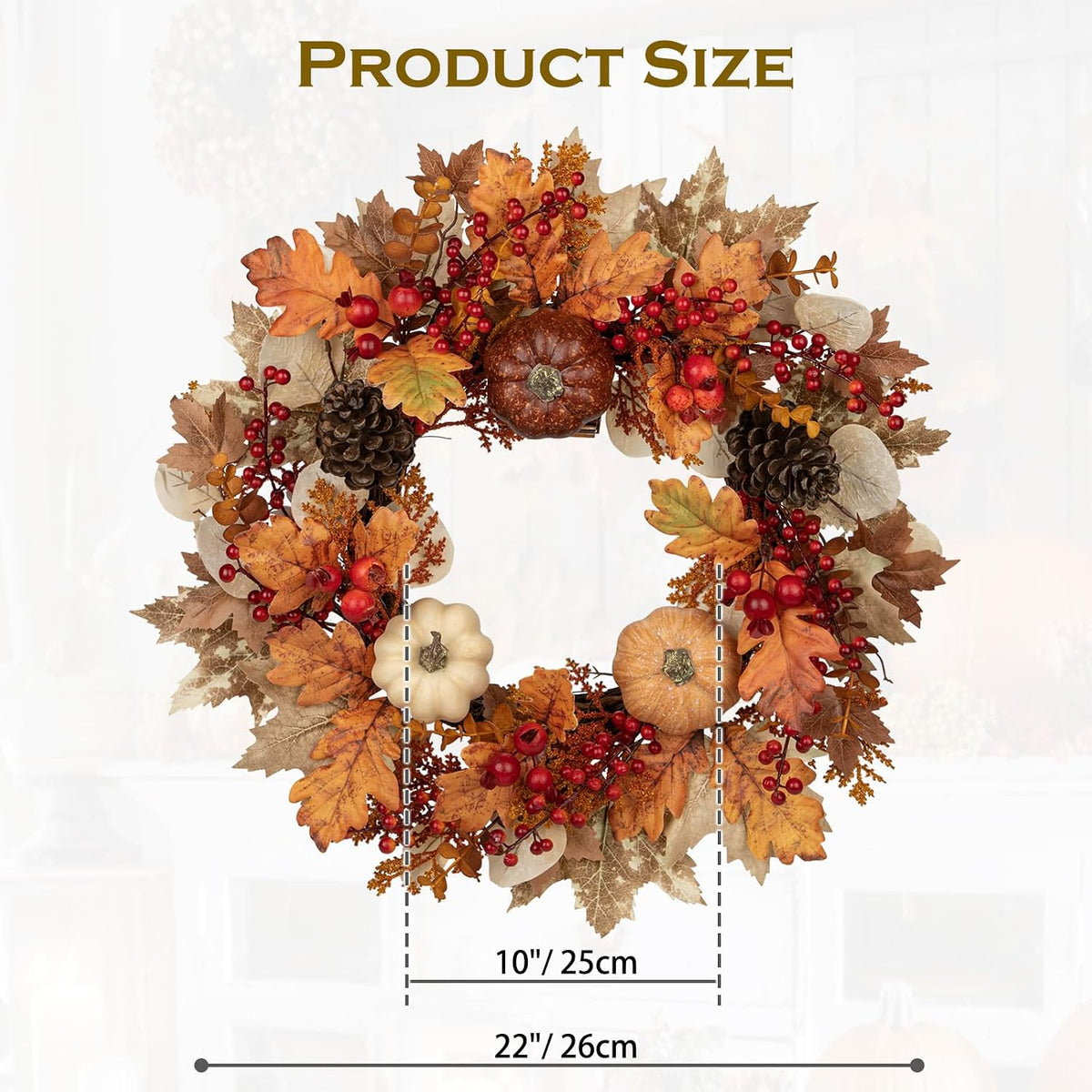 22" artificial fall wreath for front door autumn shown in use