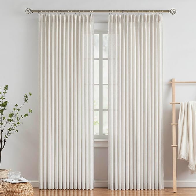 Vision Home Natural Pinch Pleated Semi Sheer Curtains Textured Linen Blended Light Filtering Window Curtains 90 inch for Living Room Bedroom Pinch Pleat Drapes with Hooks 2 Panels 42" Wx90 L
