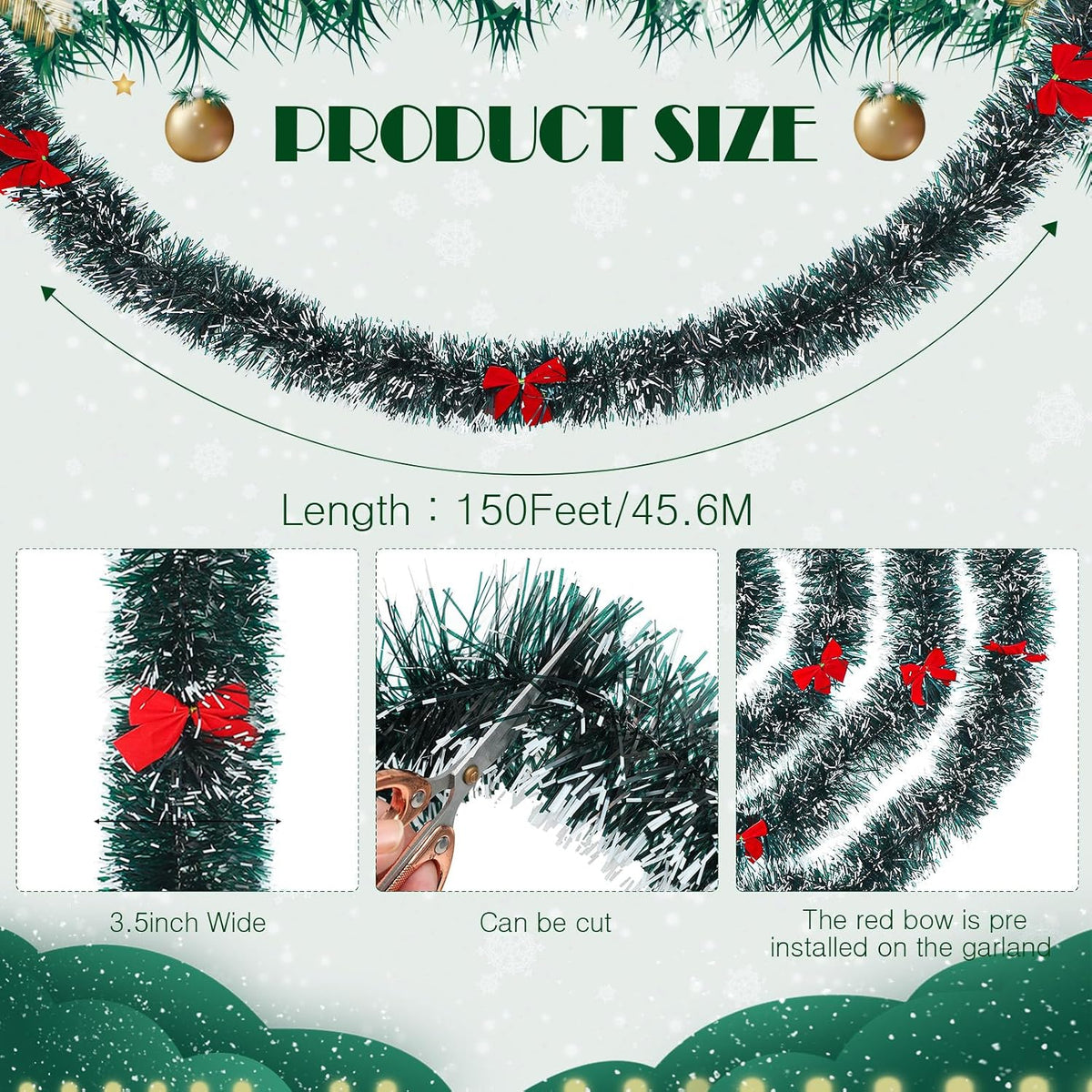 150ft christmas tinsel garland with 38 red bows shown in use