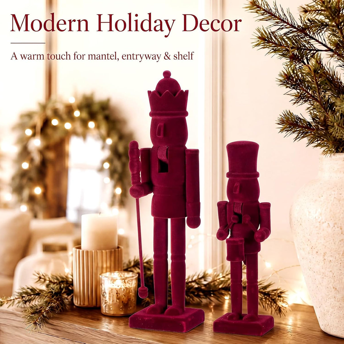 christmas nutcracker figures, burgundy, wooden+velvet showing dimensions