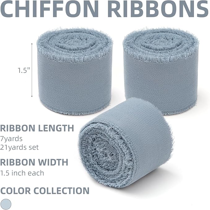 3 Rolls Dusty Blue Handmade Chiffon Ribbon,1.5" x 21Yd Frayed Fringe Silk Ribbons (3 Rolls *7Yd) for Gifts Wrapping, Wedding Invitations, Bridal Bouquets, Decorations