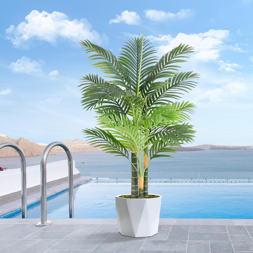 4ft Tall Triple Golden Cane Palm Artificial Tree Large Tropical Palm Tree UV Resistant Fake Plant in Pot for Indoor Outdoor Big House Living Room Outside Patio Office Home Decor 1Pack