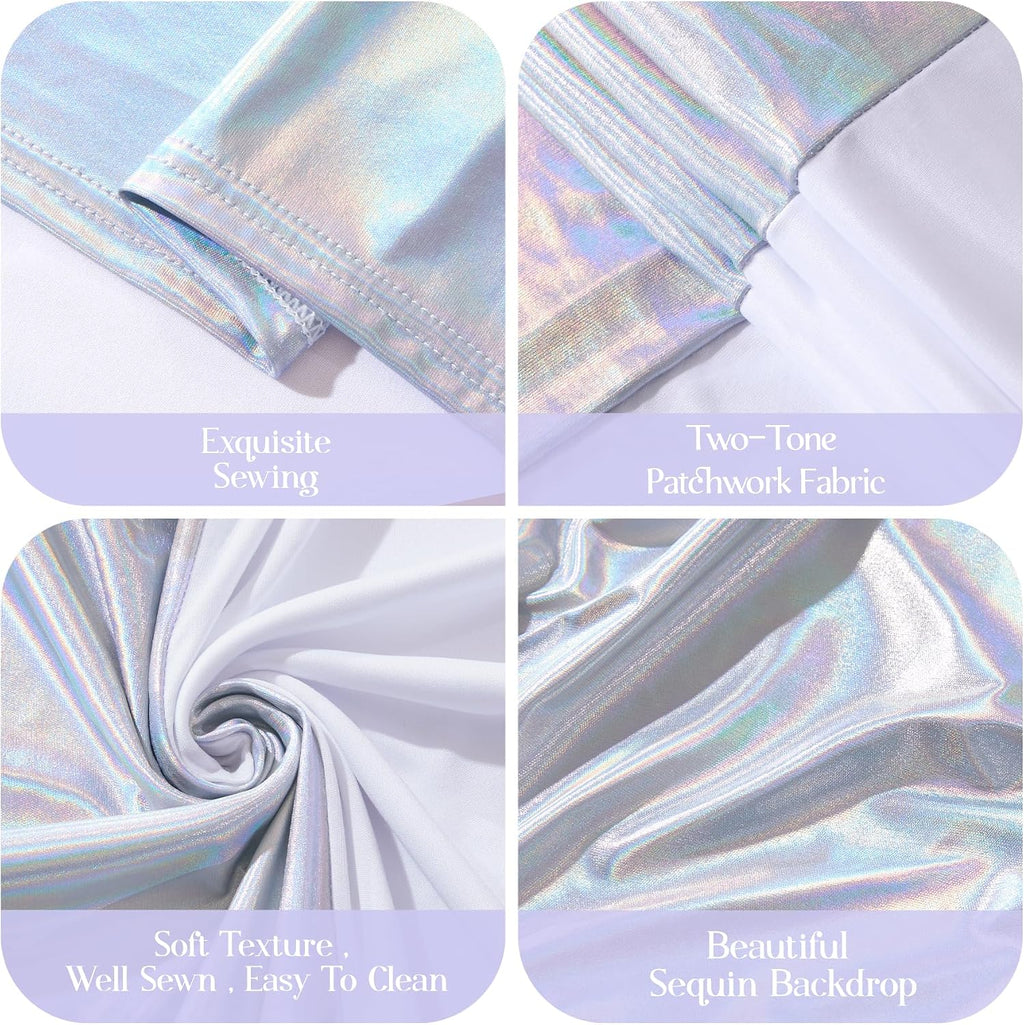 silver and white arch backdrop cover for wedding, front angle view