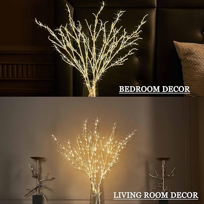 Hairui Lighted White Twig Branches Plug in with Dimmer and Timer 32IN 200 LED Fairy Lights, Lighted Willow Branches for Indoor Outdoor Home Room Christmas Decoration (Vase Excluded)