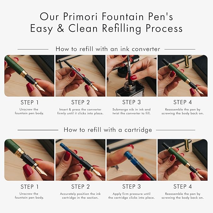 Wordsworth & Black Primori Fountain Pen Set [Green Gold]; Medium Nib, Gift Case, 24 Ink Cartridges, Refill Converter, Manual; Journaling, Calligraphy, Smooth Writing Pens; Left and Right Handed
